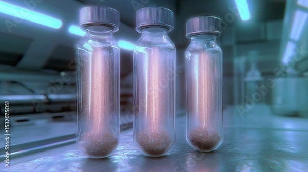 Obraz Three glass vials with metal lids containing small granules are lined up on a shiny laboratory counter