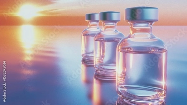 Obraz Three glass vials reflecting a serene sunset over a tranquil water surface
