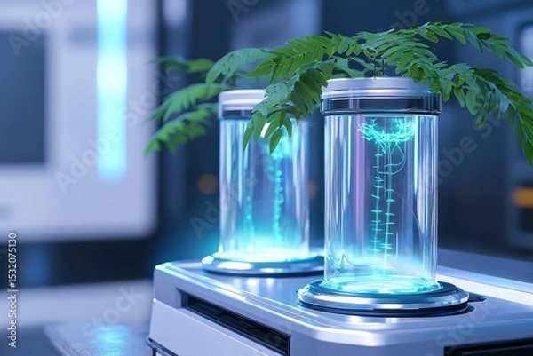 Obraz Transparent containers housing glowing botanical specimens under soft blue lights