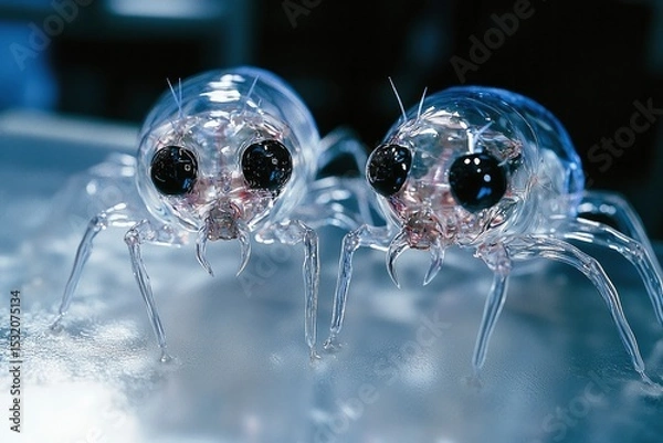 Obraz Translucent futuristic insect like robots with large black eyes glistening in the light
