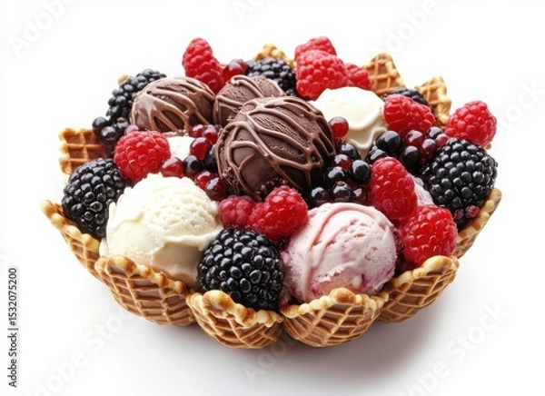 Obraz colorful ice cream with berries and chocolate in waffle cones, top view on white background