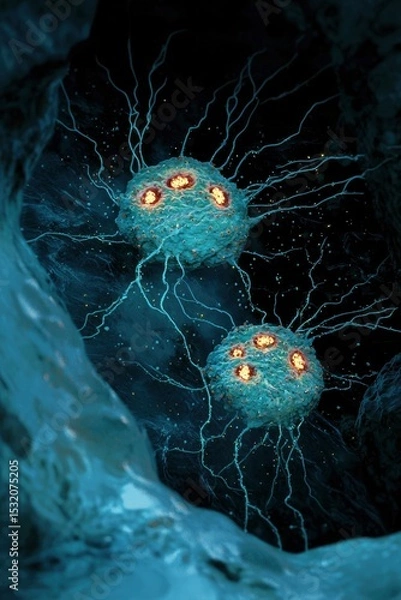 Obraz Two glowing otherworldly orbs with radiating tentacles float in a mystical dark cave