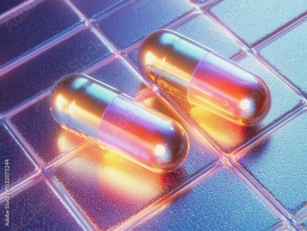 Obraz Two iridescent capsules glow on a reflective futuristic grid surface