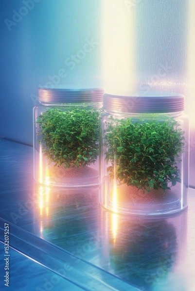 Obraz Two jars housing vibrant green plants are illuminated by soft ambient lighting