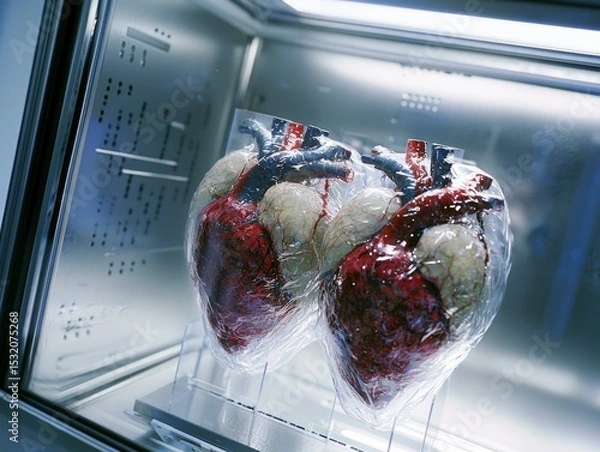 Obraz Two preserved human hearts are stored in a sterile refrigerated environment