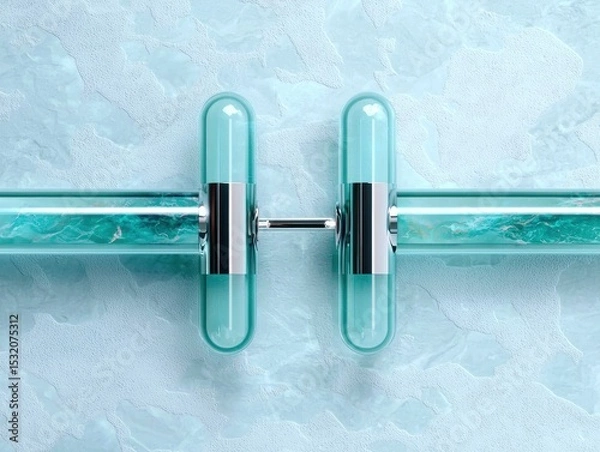 Obraz Two transparent capsules connected by a metal rod against a textured icy blue background