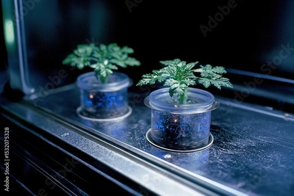 Obraz Two small plants growing in clear containers under artificial light