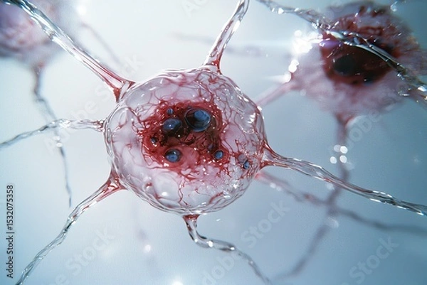 Fototapeta A close up depiction of a neuron with intricate connections and glowing synapses