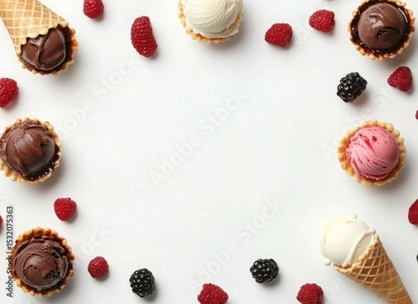 Obraz colorful ice cream with berries and chocolate in waffle cones, top view on white background