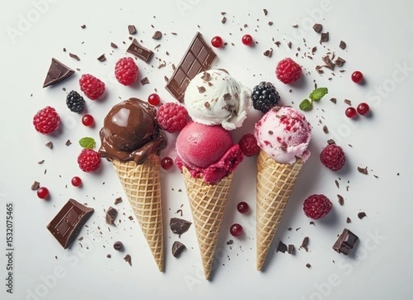 Obraz colorful ice cream with berries and chocolate in waffle cones, top view on white background