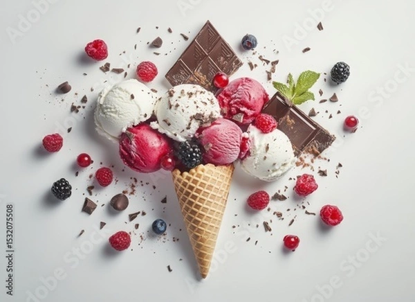 Obraz colorful ice cream with berries and chocolate in waffle cones, top view on white background
