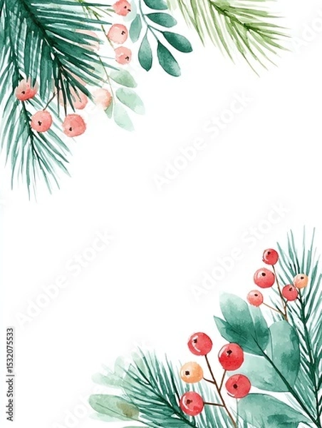 Obraz watercolor forest foliage border with pine branches and wild berries, nature inspired soft edge frame, minimal white background