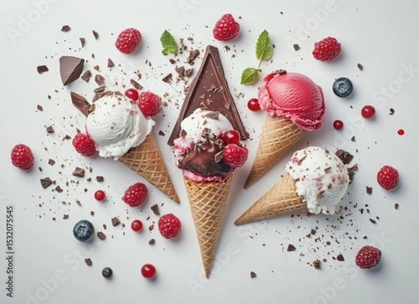 Obraz colorful ice cream with berries and chocolate in waffle cones, top view on white background