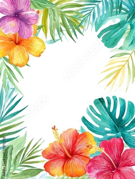 Obraz watercolor tropical floral border with hibiscus, monstera and palm leaves, summer jungle vibes, vibrant frame design