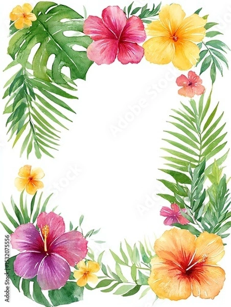 Obraz watercolor tropical floral border with hibiscus, monstera and palm leaves, summer jungle vibes, vibrant frame design