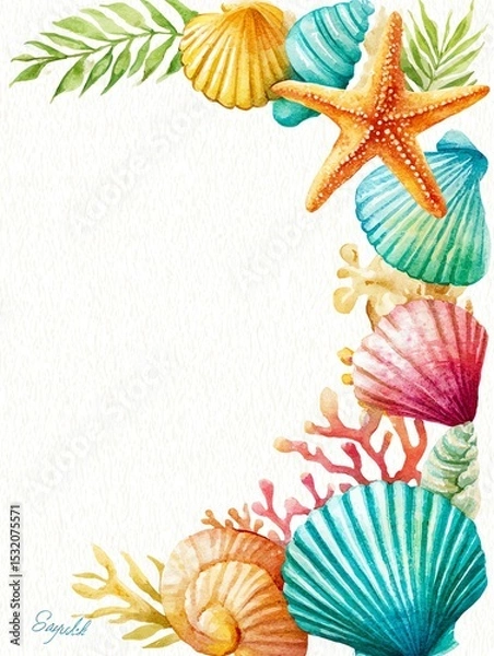 Obraz watercolor sea life border with starfish, seashells, and ocean coral in pastel tones, coastal themed blank center frame