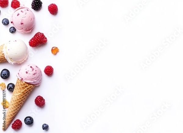 Obraz colorful ice cream with berries and chocolate in waffle cones, top view on white background
