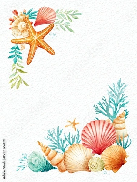 Obraz watercolor sea life border with starfish, seashells, and ocean coral in pastel tones, coastal themed blank center frame
