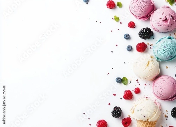 Obraz colorful ice cream with berries and chocolate in waffle cones, top view on white background