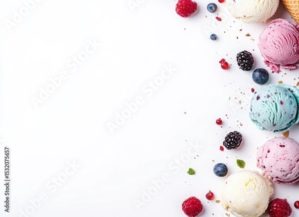 Obraz colorful ice cream with berries and chocolate in waffle cones, top view on white background