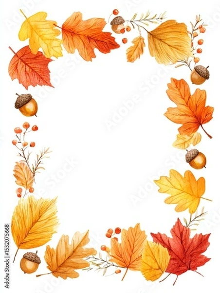 Obraz watercolor autumn leaves border in warm orange and red tones, with acorns and twigs, seasonal nature frame