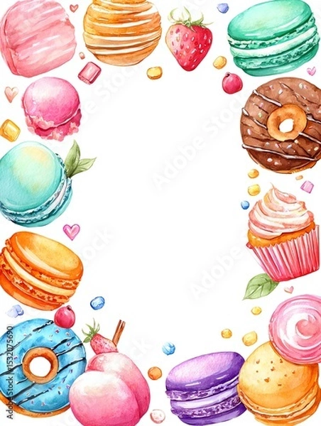 Obraz watercolor dessert border with cupcakes, macarons, donuts and candy, sweet pastel treats frame with white space center