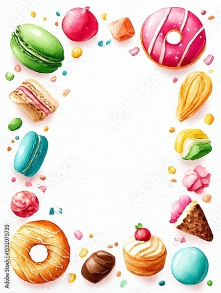 Obraz watercolor dessert border with cupcakes, macarons, donuts and candy, sweet pastel treats frame with white space center
