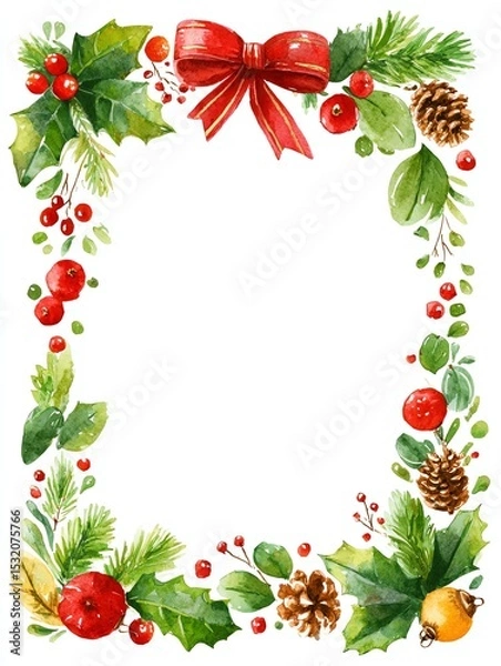 Obraz watercolor Christmas border with holly, pine cones, mistletoe and red ribbons, festive holiday frame on white background