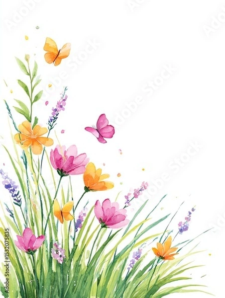 Obraz watercolor spring meadow border with butterflies, wildflowers and grass, delicate light composition frame