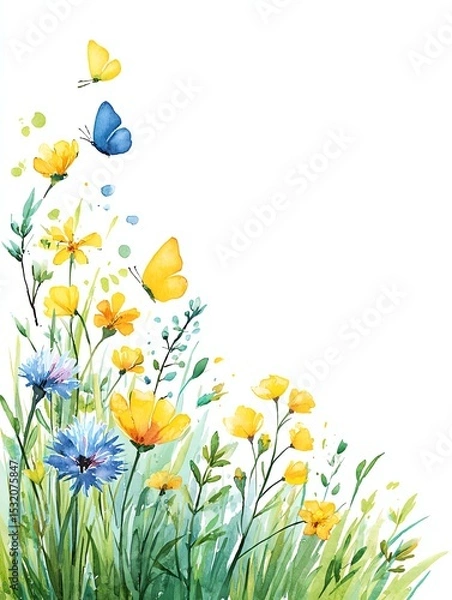 Obraz watercolor spring meadow border with butterflies, wildflowers and grass, delicate light composition frame