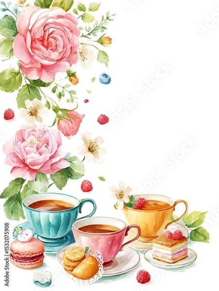 Obraz watercolor tea time border with teacups, roses, pastries and vintage lace, romantic cozy illustration