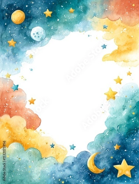 Obraz watercolor celestial border with stars, moons, and clouds, soft dreamy night sky theme with blank white center