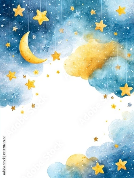 Obraz watercolor celestial border with stars, moons, and clouds, soft dreamy night sky theme with blank white center