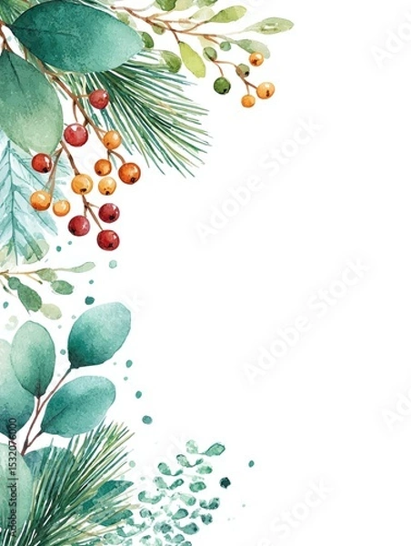 Obraz watercolor forest foliage border with pine branches and wild berries, nature inspired soft edge frame, minimal white background
