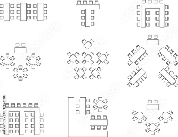 Fototapeta Seat plan icon set, Home, restaurant, seminar, school, top view, chair and table, V shape, architectural plan with blueprint, customizable stroke, vector, illustration	
