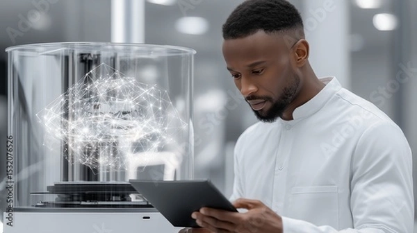 Fototapeta African American scientist in a lab coat using a tablet to control a 3D printer, generating a digital brain interface and highlighting innovation in biotechnology and AI