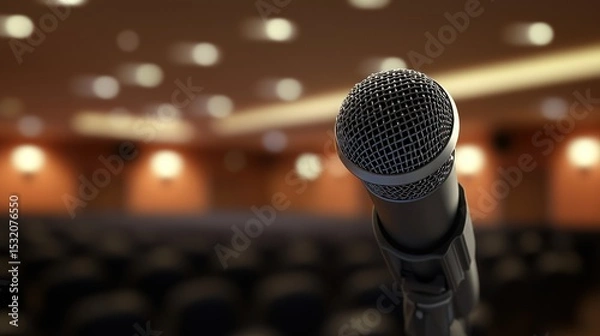 Fototapeta A modern black microphone in focus, standing in front of a blurry audience at a formal business conference, with soft lighting giving a professional tone.