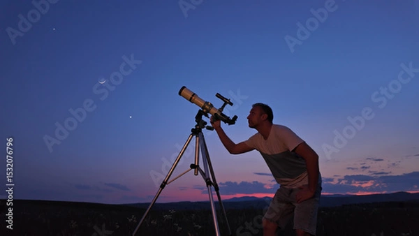 Fototapeta Amateur astronomer using telescope for watching stars, Moon, planets and other celestial objects from a countryside field in nature.