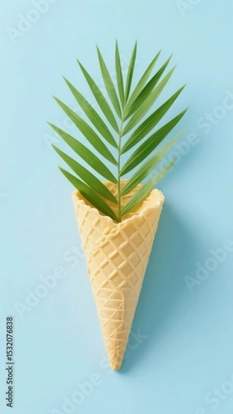 Fototapeta Waffle Cone with Green Palm Leaf on a Light Blue Background