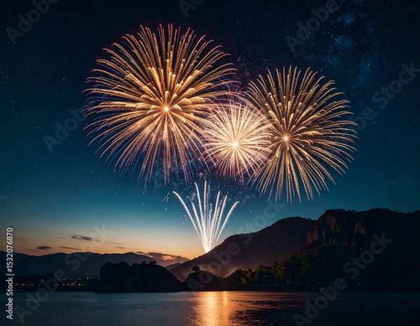 Obraz 島から上がる花火と夜空と海（生成AI　Generated Image）	