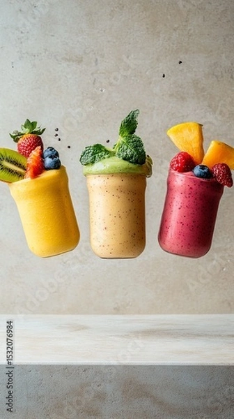 Fototapeta Three fruit smoothies floating above a kitchen countertop.