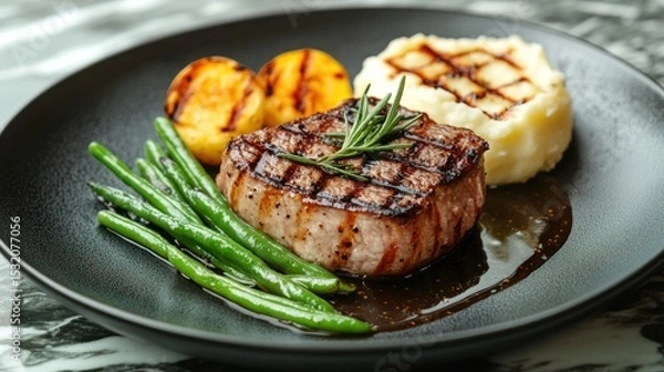 Fototapeta On a stylish marble backdrop, a steak prepared from thick slices, expertly grilled to perfection, is served alongside juicy green beans, mashed potatoes topped with cream, and a herb-infused gravy.