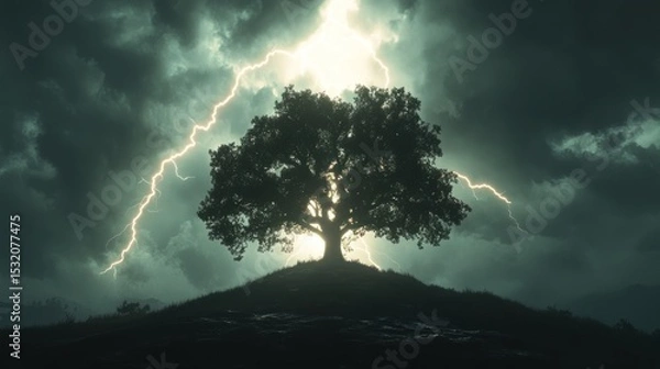 Fototapeta A rural landscape was engulfed by a dramatic thunderstorm. Bright lightning sliced through the sky, illuminating the silhouette of a lone tree on a hill.