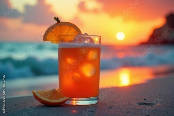 Fototapeta Iced orange cocktail, sunset reflection, beach setting, silhouette, refreshing