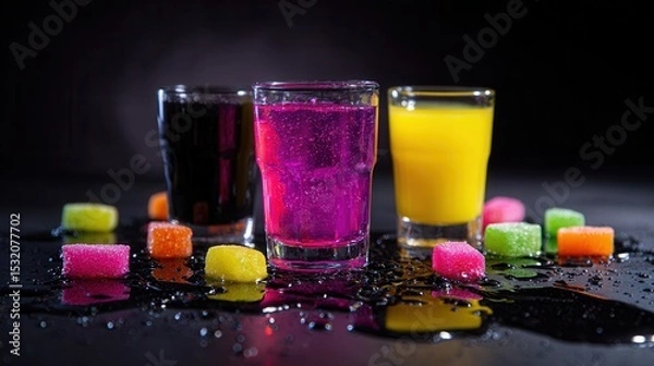 Obraz Colorful drinks and sugary candies displayed on a wet surface.