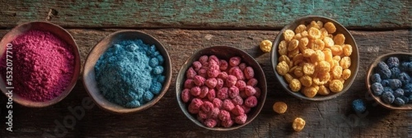 Obraz Colorful superfood powders and dried berries on rustic wooden table.