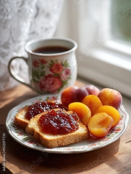 Obraz Breakfast with toast and jam next to fresh peaches and a cup of tea near window.