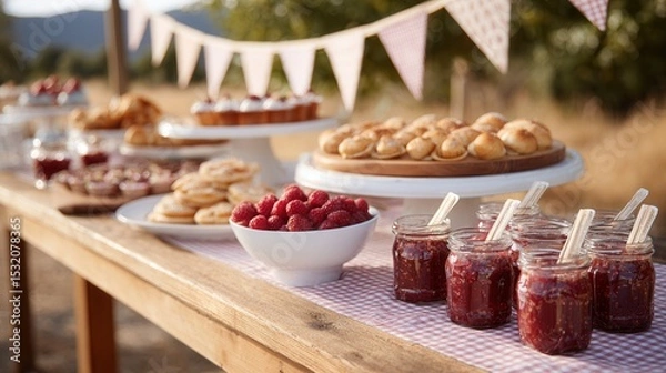 Obraz Rustic outdoor picnic table with jams, pastries, bowls of fresh raspberries, and gingham decor.