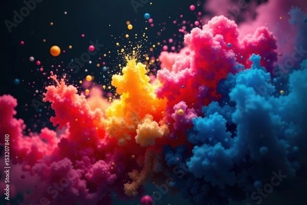 Fototapeta Multicolored pigments explode, stark contrast, black, impact