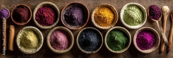 Obraz Assorted colorful spices in bowls and spoons on rustic wooden surface.